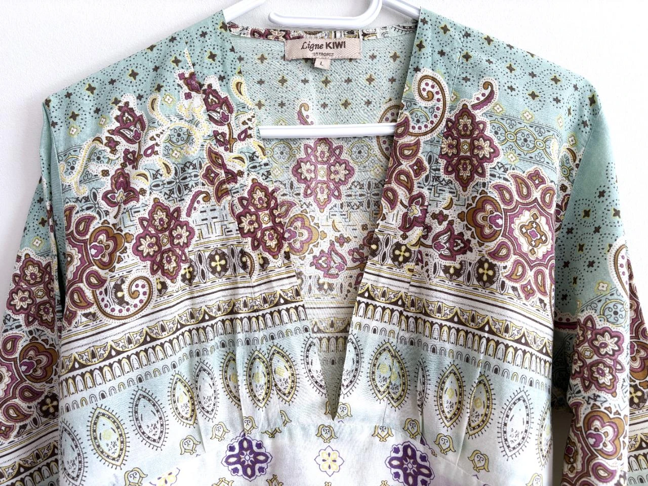 Vestido Ligne Kiwi – tamanho G – estampa boho – 100% algodão – decote em V – photo 9